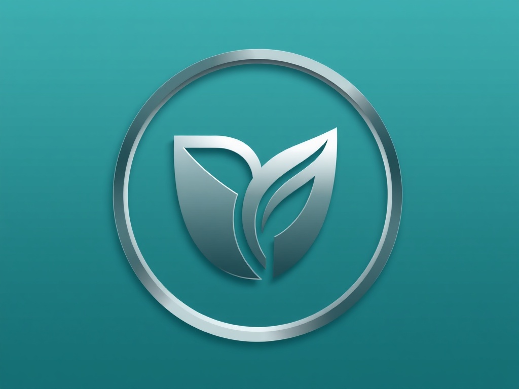 Abstract logo mark: an interlocking pattern of two geometric shapes (resembling a bird and a leaf) in a circular frame. Clean, minimal, silver and teal gradients. High-end, 8k, vector style render.
