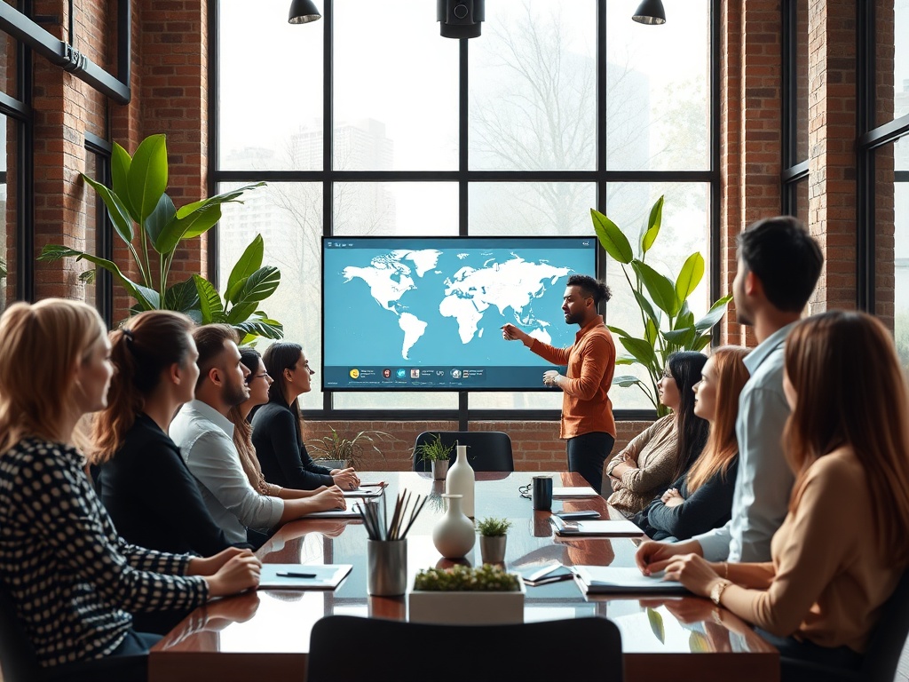 Diverse team in a modern glass boardroom with exposed brick wall and green plants. Natural light from large windows, candid moment of collaboration, one person pointing at a world map on a digital screen. Cinematic, photorealistic, 8k, commercial photography style, high contrast.